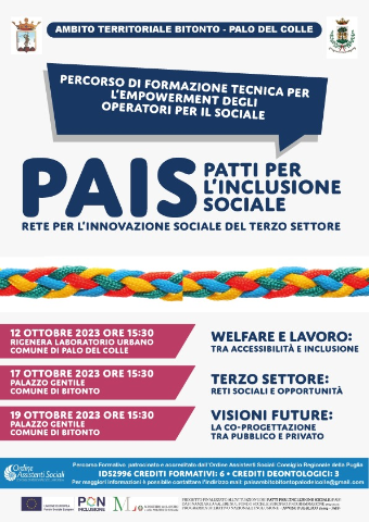 Partono a ottobre i primi tavoli formativi del progetto “Patto per l’inclusione sociale (PaIS)” dell’Ambito Bitonto-Palo del Colle
