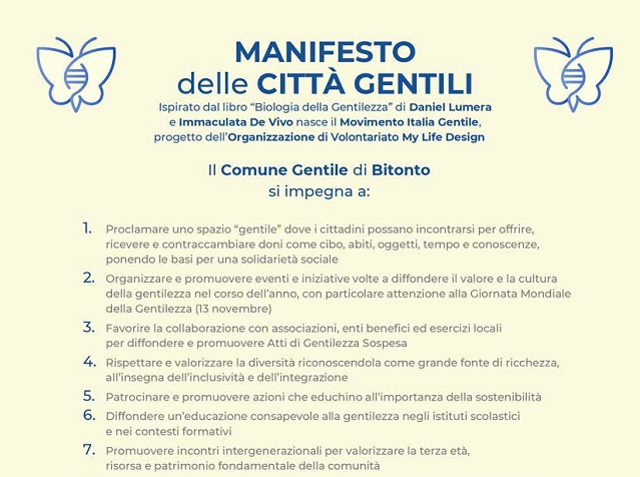 Bitonto aderisce al Movimento Italia Gentile e diventa il 57° Comune Gentile d’Italia